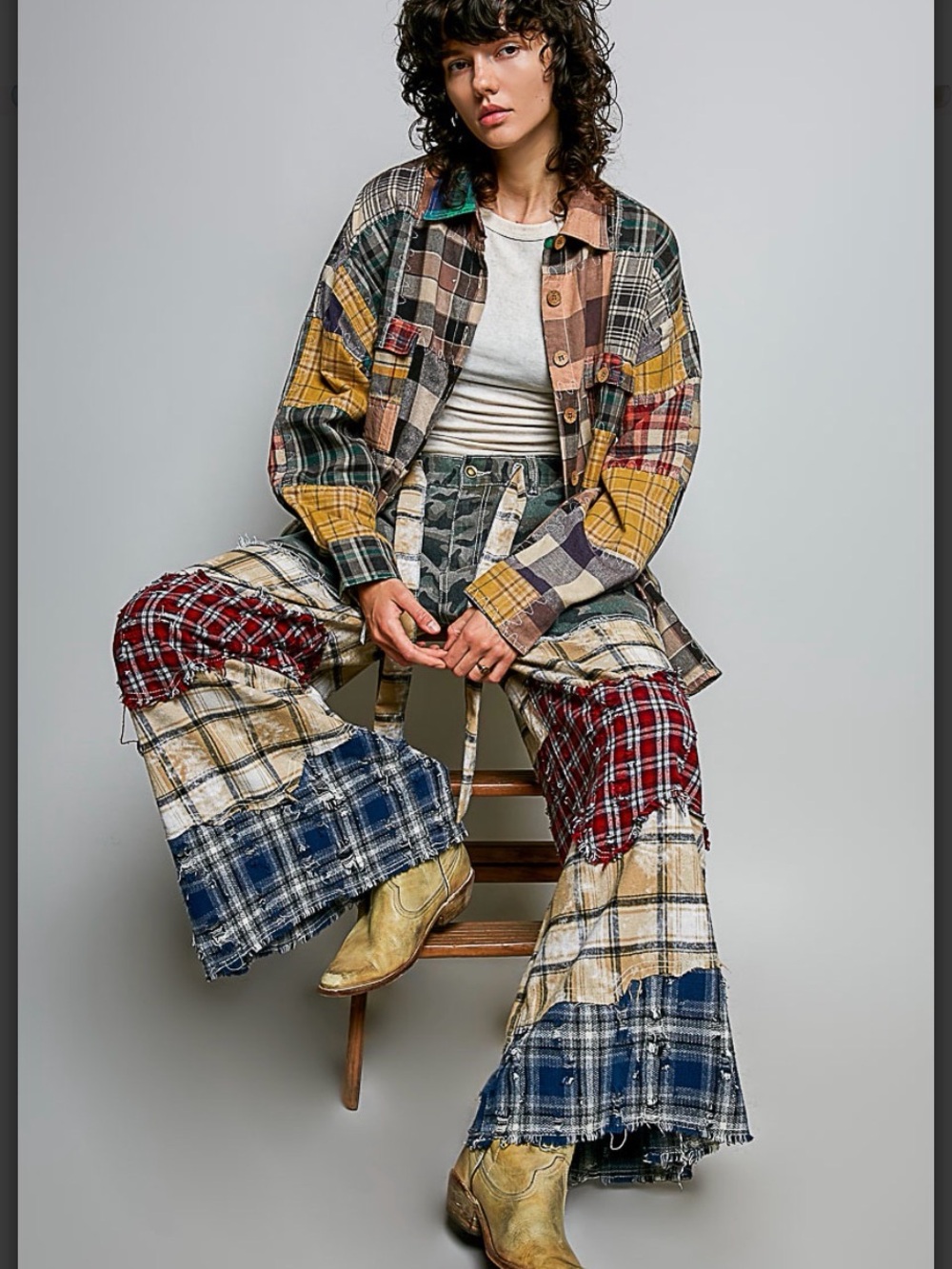 POL Camo Plaid Patchwork 2-Piece Set: Wide Leg Pants & Maxi Jacket - Picture 9 of 16